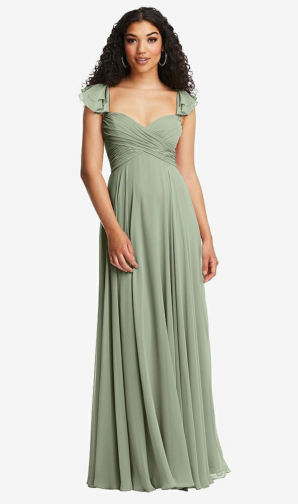 Back View - Sage Shirred Cross Bodice Lace Up Open-Back Maxi Dress with Flutter Sleeves