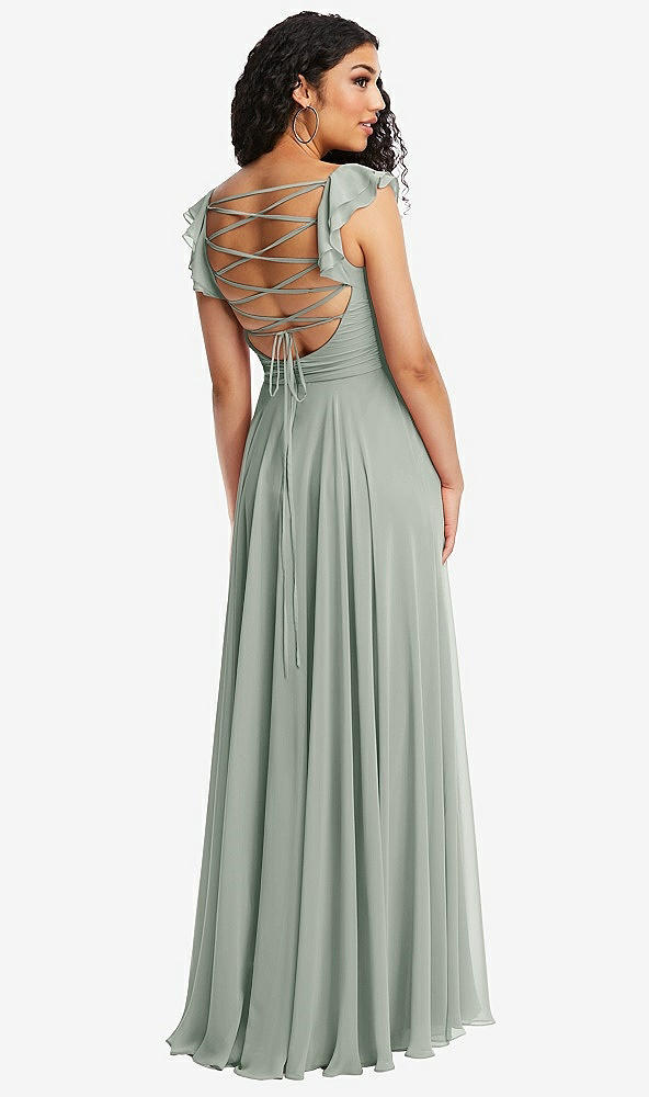 Front View - Willow Green Shirred Cross Bodice Lace Up Open-Back Maxi Dress with Flutter Sleeves