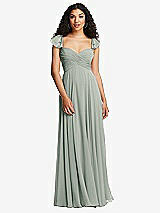 Rear View Thumbnail - Willow Green Shirred Cross Bodice Lace Up Open-Back Maxi Dress with Flutter Sleeves