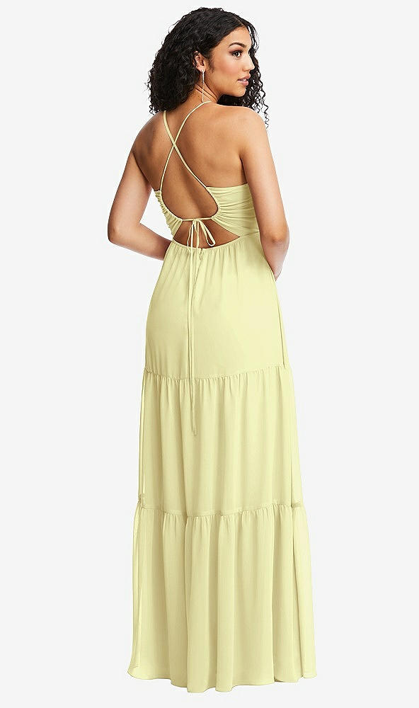 Back View - Butter Yellow Drawstring Bodice Gathered Tie Open-Back Maxi Dress with Tiered Skirt