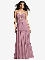 Alt View 2 Thumbnail - Dusty Pink Drawstring Bodice Gathered Tie Open-Back Maxi Dress with Tiered Skirt