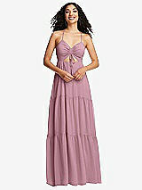 Front View Thumbnail - Dusty Pink Drawstring Bodice Gathered Tie Open-Back Maxi Dress with Tiered Skirt