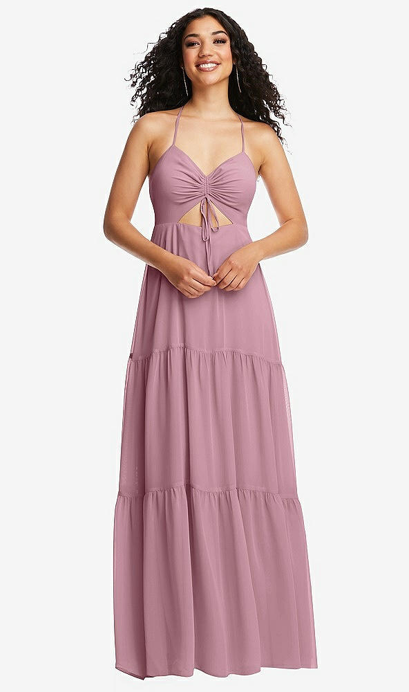 Front View - Dusty Pink Drawstring Bodice Gathered Tie Open-Back Maxi Dress with Tiered Skirt