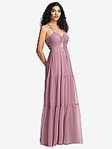 Side View Thumbnail - Dusty Pink Drawstring Bodice Gathered Tie Open-Back Maxi Dress with Tiered Skirt