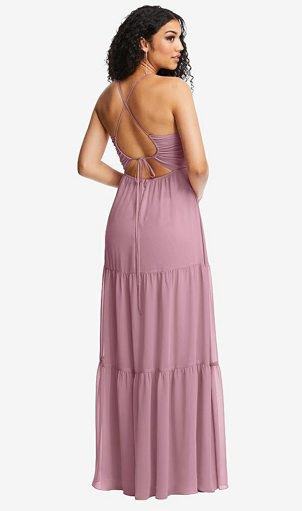 Back View - Dusty Pink Drawstring Bodice Gathered Tie Open-Back Maxi Dress with Tiered Skirt