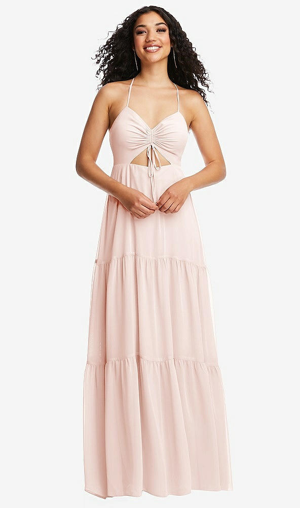 Front View - Blush Drawstring Bodice Gathered Tie Open-Back Maxi Dress with Tiered Skirt