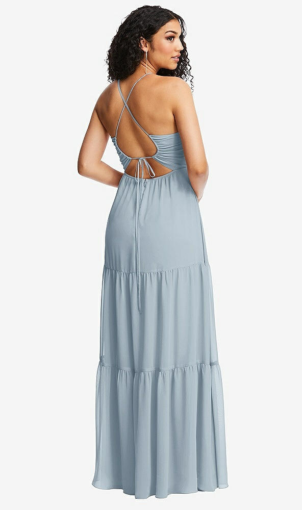 Back View - Mist Drawstring Bodice Gathered Tie Open-Back Maxi Dress with Tiered Skirt