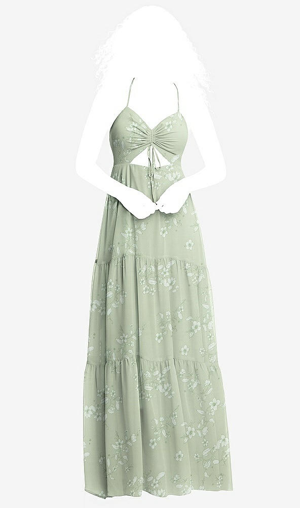 Front View - Vintage Primrose Sage Drawstring Bodice Gathered Tie Open-Back Maxi Dress with Tiered Skirt