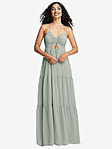 Front View Thumbnail - Willow Green Drawstring Bodice Gathered Tie Open-Back Maxi Dress with Tiered Skirt