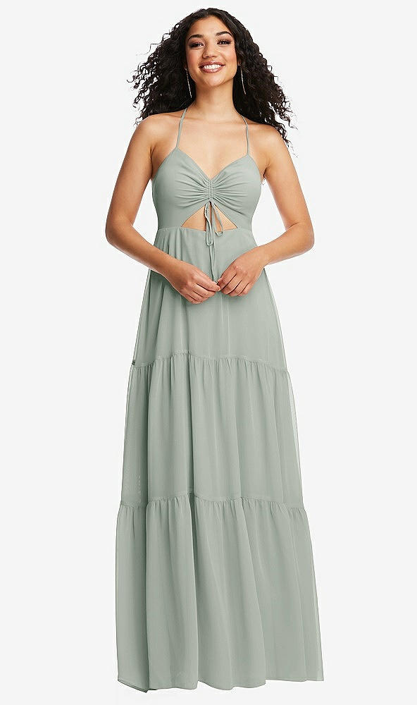 Front View - Willow Green Drawstring Bodice Gathered Tie Open-Back Maxi Dress with Tiered Skirt