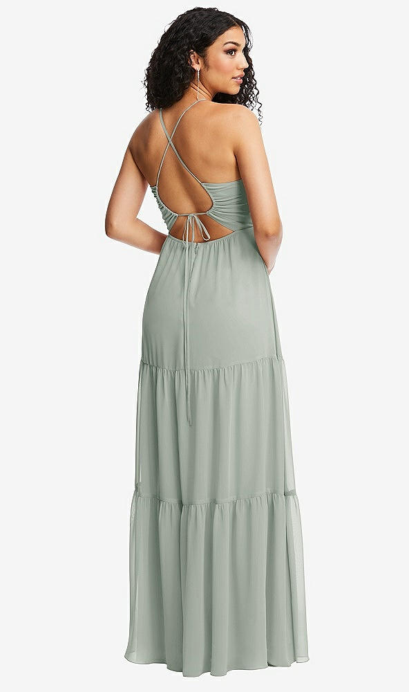 Back View - Willow Green Drawstring Bodice Gathered Tie Open-Back Maxi Dress with Tiered Skirt