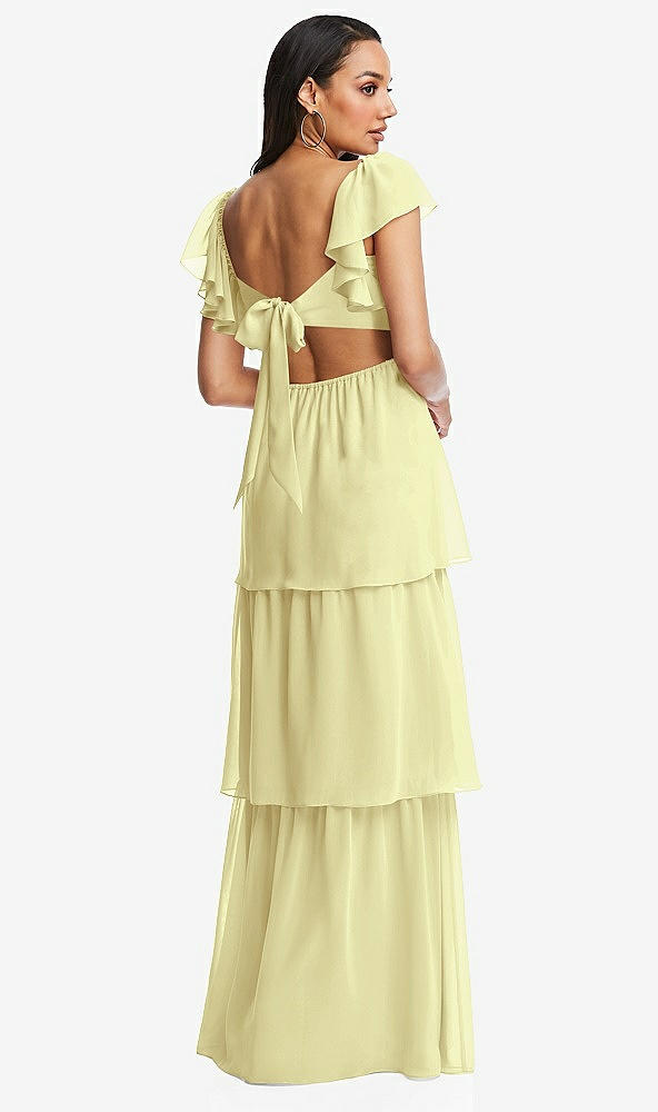 Back View - Butter Yellow Flutter Sleeve Cutout Tie-Back Maxi Dress with Tiered Ruffle Skirt