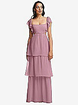 Front View Thumbnail - Dusty Pink Flutter Sleeve Cutout Tie-Back Maxi Dress with Tiered Ruffle Skirt