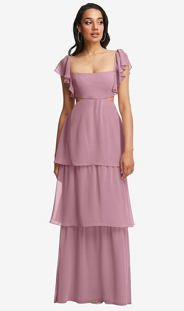 Front View - Dusty Pink Flutter Sleeve Cutout Tie-Back Maxi Dress with Tiered Ruffle Skirt