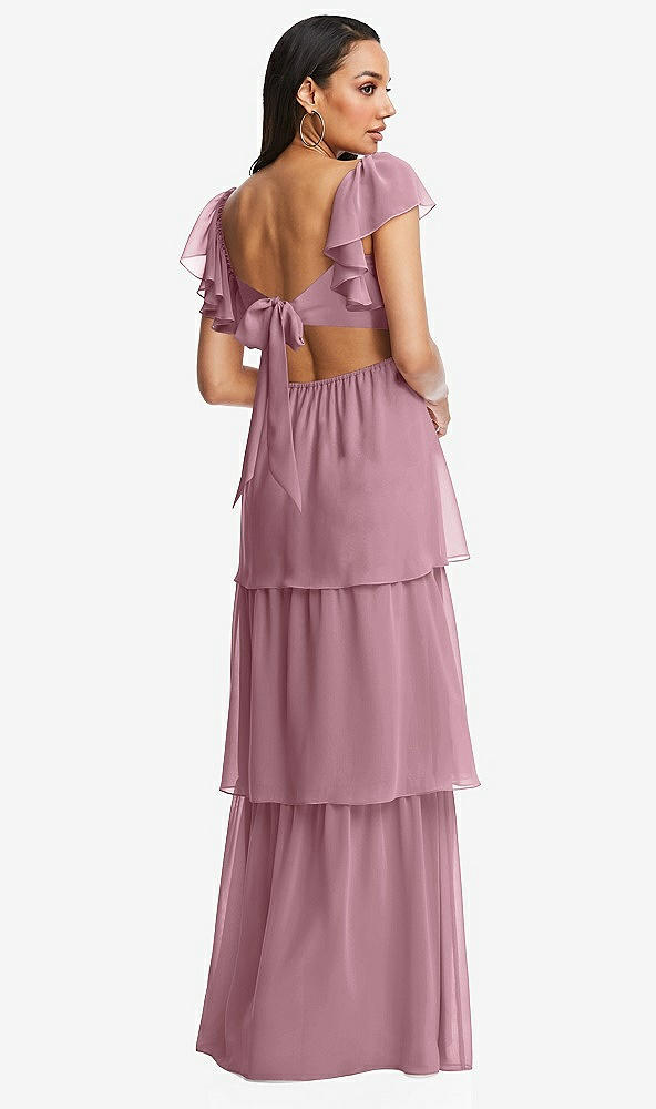 Back View - Dusty Pink Flutter Sleeve Cutout Tie-Back Maxi Dress with Tiered Ruffle Skirt