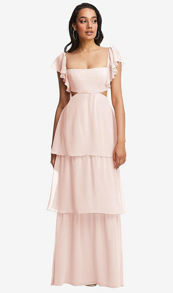 Front View - Blush Flutter Sleeve Cutout Tie-Back Maxi Dress with Tiered Ruffle Skirt