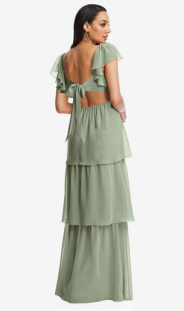 Back View - Sage Flutter Sleeve Cutout Tie-Back Maxi Dress with Tiered Ruffle Skirt