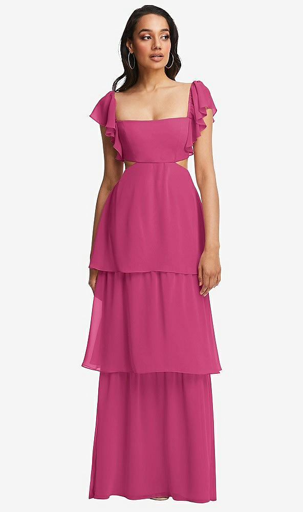 Front View - Tea Rose Flutter Sleeve Cutout Tie-Back Maxi Dress with Tiered Ruffle Skirt