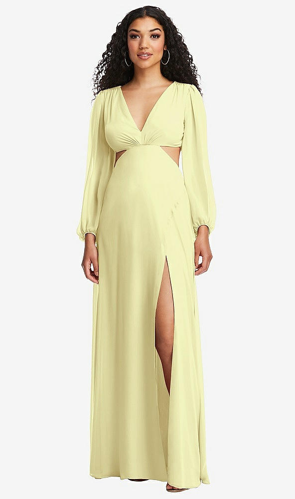 Front View - Butter Yellow Long Puff Sleeve Cutout Waist Chiffon Maxi Dress 