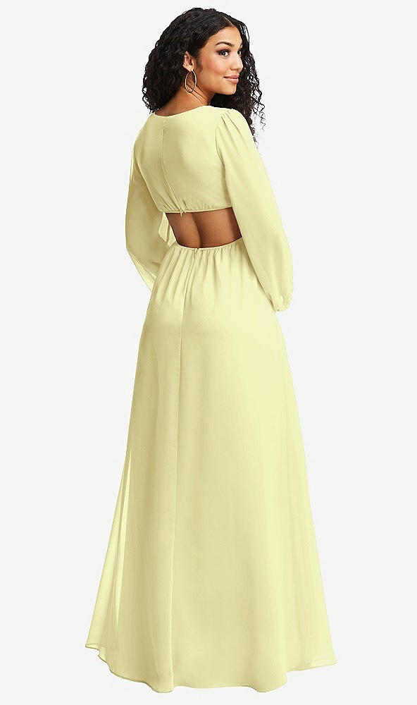 Back View - Butter Yellow Long Puff Sleeve Cutout Waist Chiffon Maxi Dress 