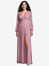 Front View Thumbnail - Dusty Pink Long Puff Sleeve Cutout Waist Chiffon Maxi Dress 