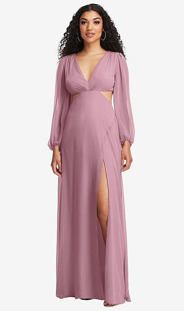 Front View - Dusty Pink Long Puff Sleeve Cutout Waist Chiffon Maxi Dress 