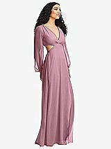 Side View Thumbnail - Dusty Pink Long Puff Sleeve Cutout Waist Chiffon Maxi Dress 