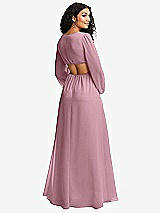 Rear View Thumbnail - Dusty Pink Long Puff Sleeve Cutout Waist Chiffon Maxi Dress 