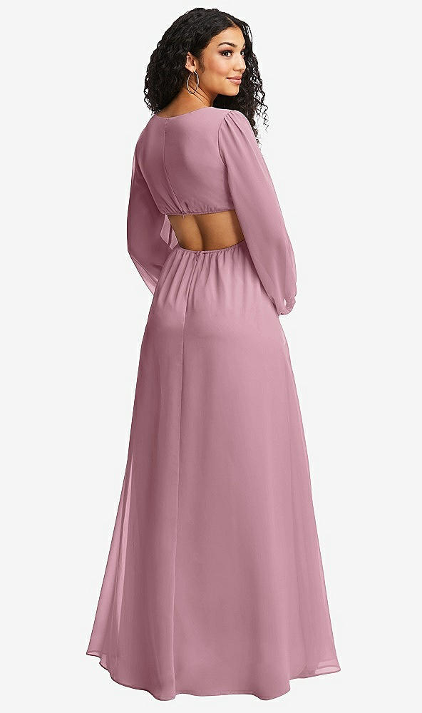 Back View - Dusty Pink Long Puff Sleeve Cutout Waist Chiffon Maxi Dress 