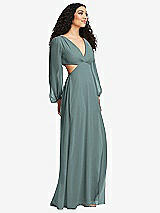 Side View Thumbnail - Icelandic Long Puff Sleeve Cutout Waist Chiffon Maxi Dress 