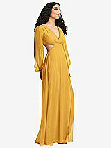 Side View Thumbnail - NYC Yellow Long Puff Sleeve Cutout Waist Chiffon Maxi Dress 