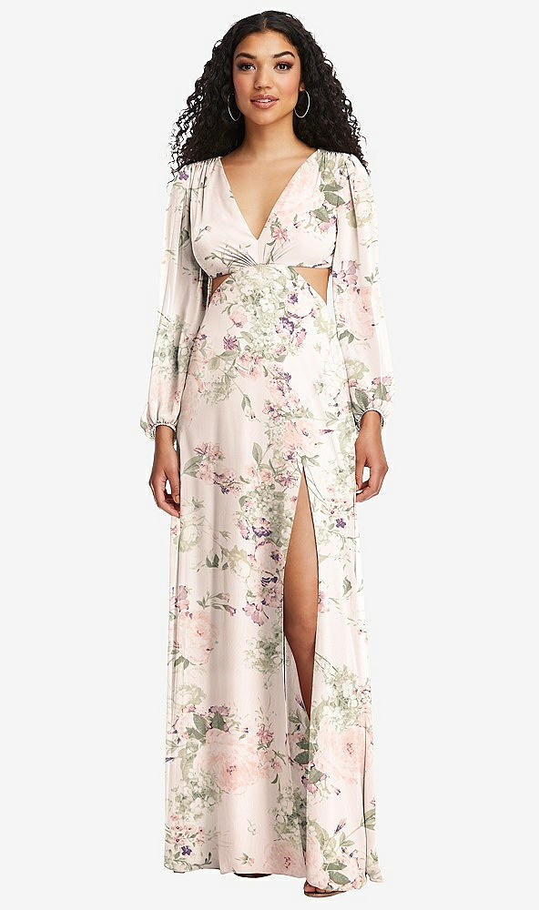 Front View - Blush Garden Long Puff Sleeve Cutout Waist Chiffon Maxi Dress 