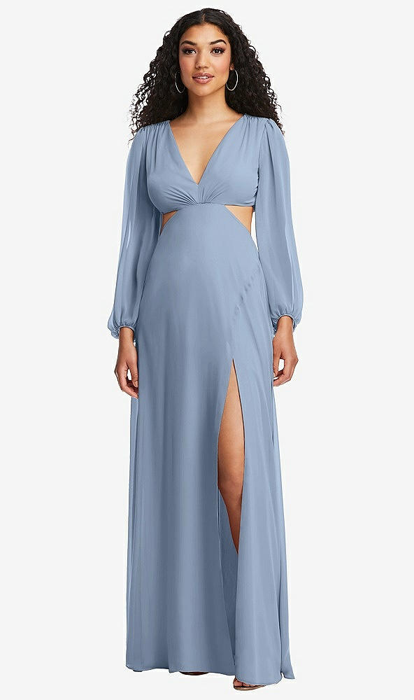 Front View - Cloudy Long Puff Sleeve Cutout Waist Chiffon Maxi Dress 