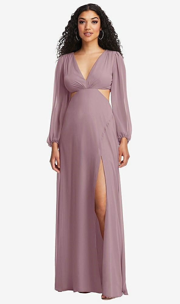 Front View - Dusty Rose Long Puff Sleeve Cutout Waist Chiffon Maxi Dress 