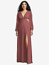 Front View Thumbnail - English Rose Long Puff Sleeve Cutout Waist Chiffon Maxi Dress 