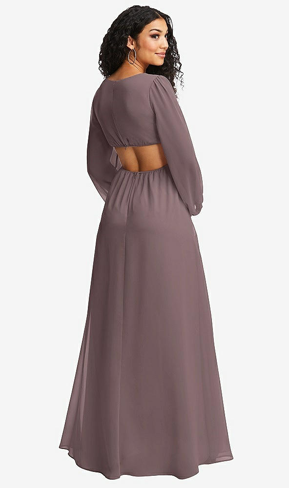 Back View - French Truffle Long Puff Sleeve Cutout Waist Chiffon Maxi Dress 