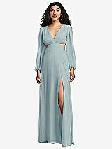 Front View Thumbnail - Morning Sky Long Puff Sleeve Cutout Waist Chiffon Maxi Dress 