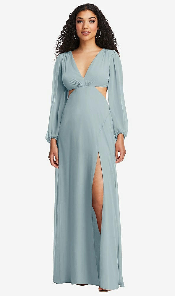 Front View - Morning Sky Long Puff Sleeve Cutout Waist Chiffon Maxi Dress 