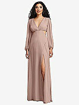 Front View Thumbnail - Neu Nude Long Puff Sleeve Cutout Waist Chiffon Maxi Dress 