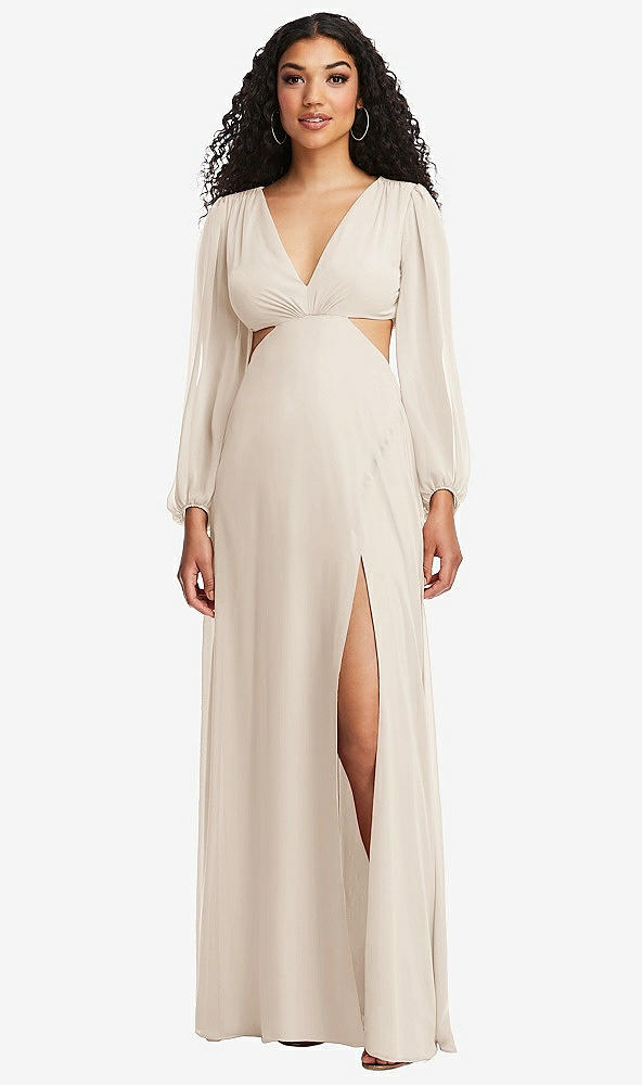 Front View - Oat Long Puff Sleeve Cutout Waist Chiffon Maxi Dress 