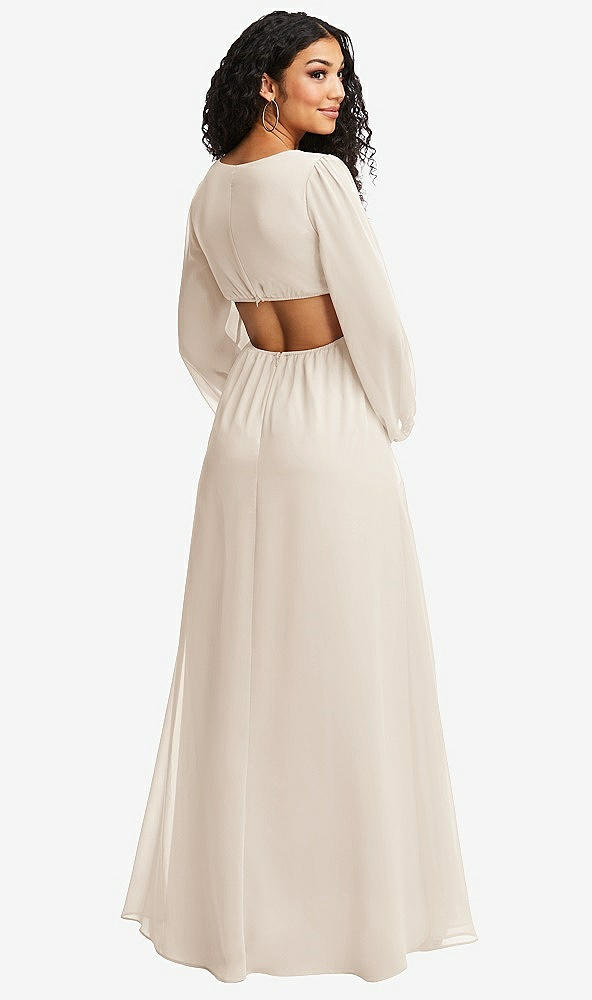 Back View - Oat Long Puff Sleeve Cutout Waist Chiffon Maxi Dress 