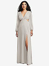 Front View Thumbnail - Oyster Long Puff Sleeve Cutout Waist Chiffon Maxi Dress 