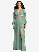 Front View Thumbnail - Seagrass Long Puff Sleeve Cutout Waist Chiffon Maxi Dress 