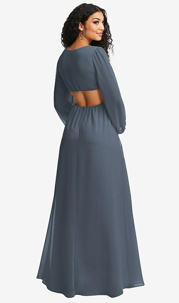 Back View - Silverstone Long Puff Sleeve Cutout Waist Chiffon Maxi Dress 