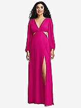 Front View Thumbnail - Think Pink Long Puff Sleeve Cutout Waist Chiffon Maxi Dress 