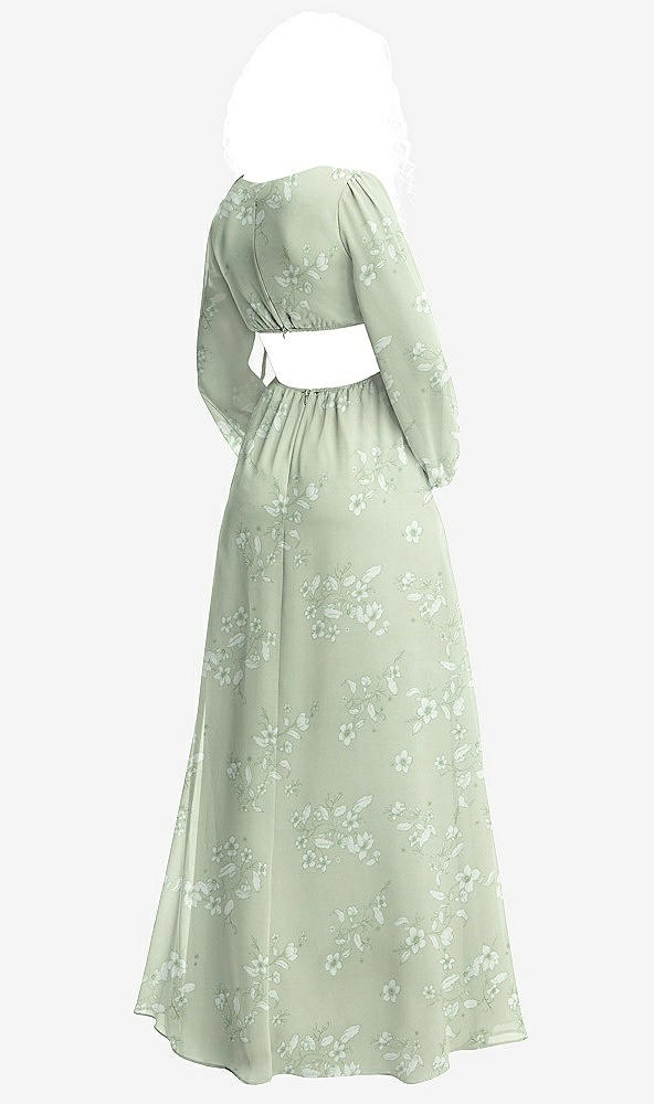 Back View - Vintage Primrose Sage Long Puff Sleeve Cutout Waist Chiffon Maxi Dress 