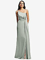Front View Thumbnail - Willow Green One-Shoulder Draped Skirt Satin Trumpet Gown
