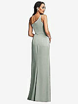 Rear View Thumbnail - Willow Green One-Shoulder Draped Skirt Satin Trumpet Gown