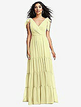 Front View Thumbnail - Butter Yellow Bow-Shoulder Faux Wrap Maxi Dress with Tiered Skirt