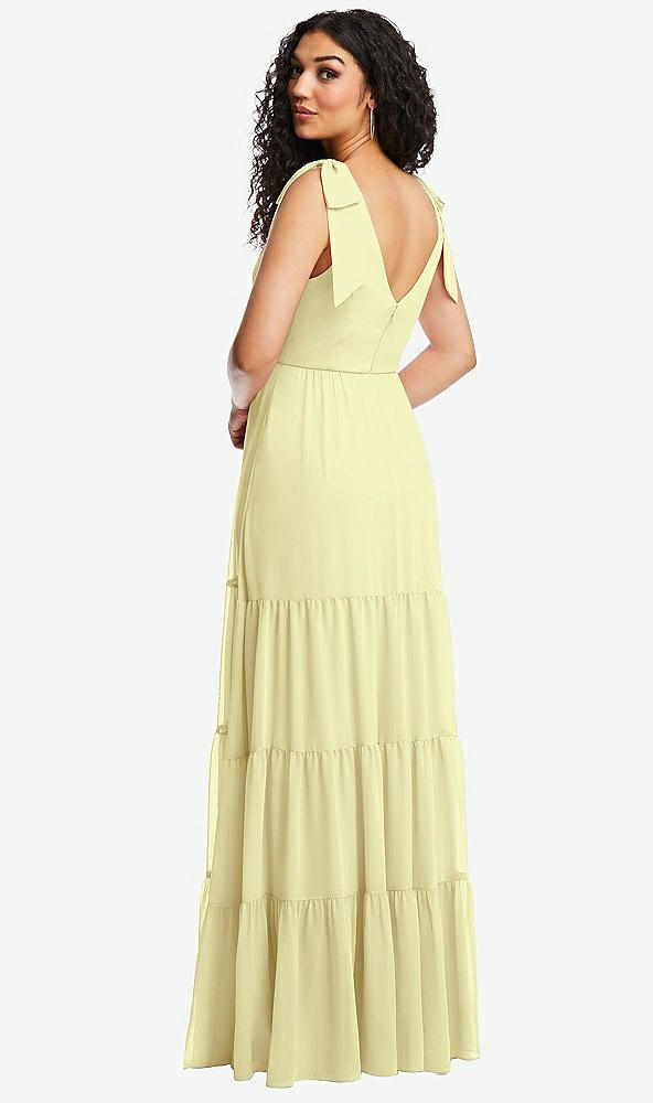 Back View - Butter Yellow Bow-Shoulder Faux Wrap Maxi Dress with Tiered Skirt